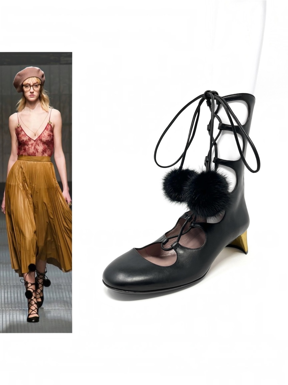 Gucci Heloise Black Leather Gold Lace Up Gladiator Ankle Boots Low Heels 37.5